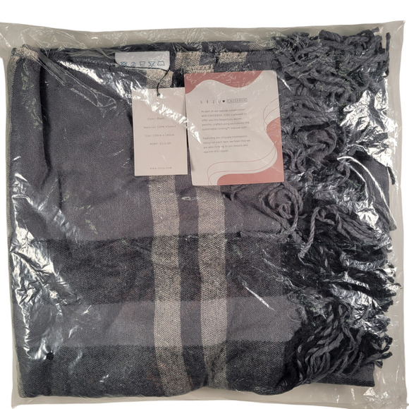 SIIZU Causebox Plaid Fringe Wrap Scarf Shawl Viscose Blanket Black 51"x55" - Picture 2 of 7